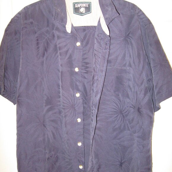 Seapointe Hawaiian Shirt Men's Large Blue w/ Muted Floral Texture - Picture 1 of 3